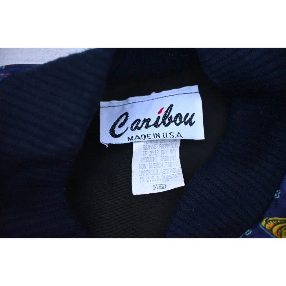 Vintage 90s Caribou Womens M Bomber Jacket Navy Perfume Print Zip Front Bold